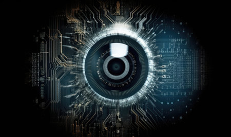 Future technology, blue eye light cyber security concept. Creating using generative AI toolsの素材