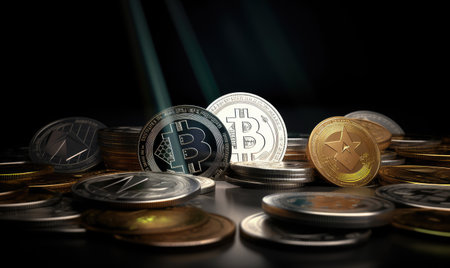 A collection of crypto currency coins is set against a background, showcasing the diversity of the market. Creating using generative AI toolsの素材