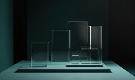 The minimalist beauty of transparent glass cylinders on a podium Creating using generative AI toolsの素材