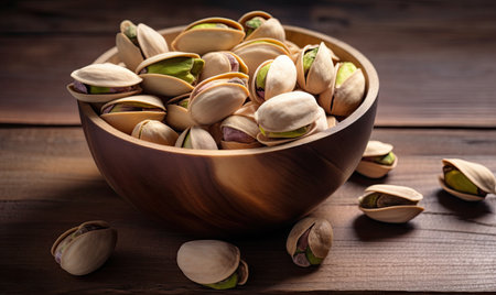 Close-up of pistachios on a wooden table Creating using generative AI toolsの素材