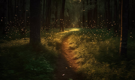 Fireflies light up the way along the forest path Creating using generative AI toolsの素材