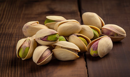 Table scattered with pistachios in a close-up shot Creating using generative AI toolsの素材