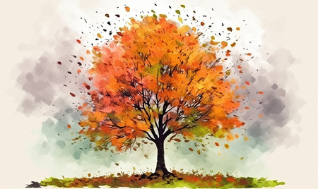 Illustrated tree with vibrant foliage in autumn Creating using generative AI toolsの素材