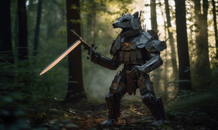 A highly evolved extraterrestrial being, protected by advanced armor, wanders through the forest, marveling at the unfamiliar environment Creating using generative AI toolsの素材