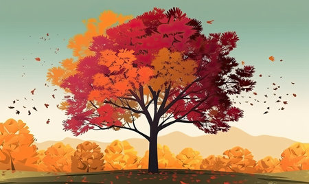 Colorful tree with changing foliage - illustrated art Creating using generative AI toolsの素材