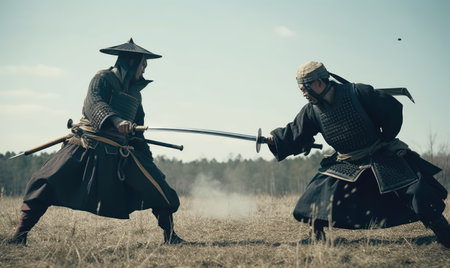 A fierce fight broke out between two samurai and their katanas Creating using generative AI toolsの素材
