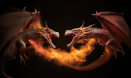 Fierce dragons clashed in a fiery aerial battle Creating using generative AI toolsの素材