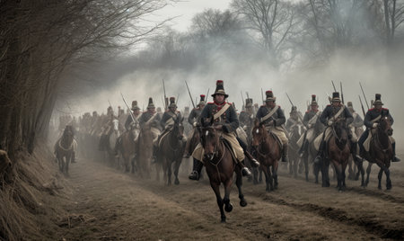 The cavalry charged forward, brandishing their swords in battle Creating using generative AI toolsの素材