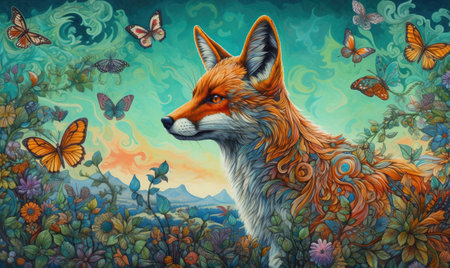 Illustration of a colorful fox with a paint palette Creating using generative AI toolsの素材