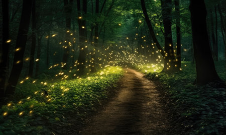 The forest path is alive with the glow of fireflies Creating using generative AI toolsの素材