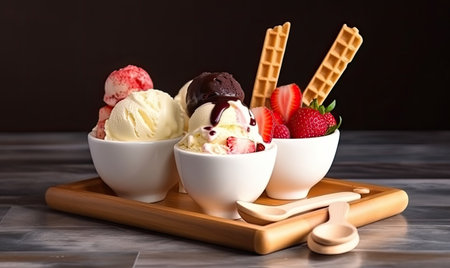 Trio of delicious ice cream flavors in a cone. Creating using generative AI toolsの素材
