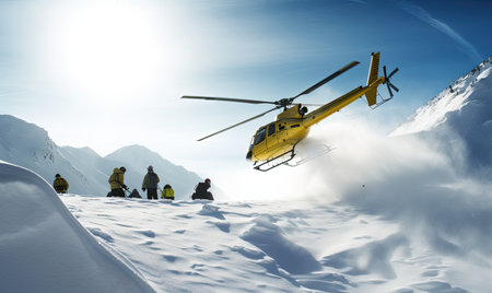 Helicopter lifts freeriders to mountain for extreme skiing adventure. Creating using generative AI toolsの素材