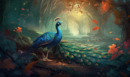 A stunning peacock spreading its colorful feathers in a fantasy world. Creating using generative AI toolsの素材