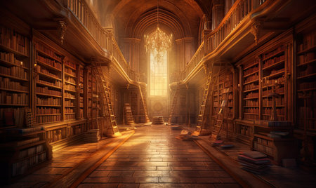 Vintage library boasting tall bookshelves filled with books. Creating using generative AI toolsの素材