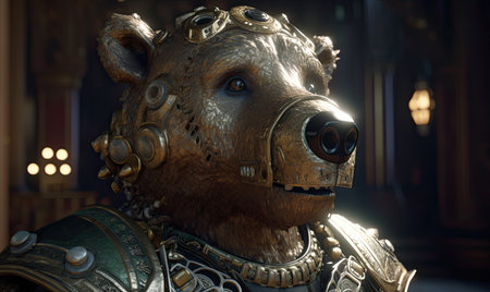 A fierce anthropomorphic bear dons military armor, ready for battle. Creating using generative AI toolsの素材