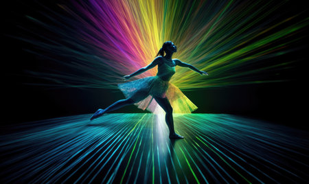 Dynamic dancer embodies expressive form in mesmerizing music video with diffraction. Creating using generative AI toolsの素材