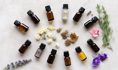 From above, a stunning assortment of essential oils forms an aromatic mosaic. Creating using generative AI toolsの素材