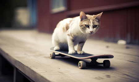 Skillful cat effortlessly glides on a skateboard, capturing everyone's attention. Creating using generative AI toolsの素材