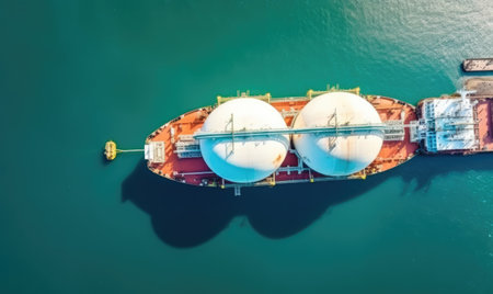 A stunning aerial drone shot of LNG terminal with storage tanks. Creating using generative AI toolsの素材
