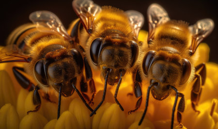 A mesmerizing macrophotography selfie showcases the intricate beauty of bees. Creating using generative AI toolsの素材
