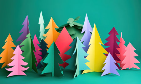 large paper trees arranged in colorful shapes on a color surface Creating using generative AI toolsの素材
