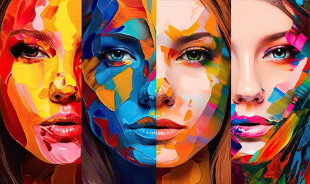 colorful faces of women on abstract painters painted on paper Creating using generative AI toolsの素材