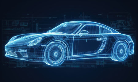 Detailed car technical drawing showcased in an informative infographic blueprint. Creating using generative AI toolsの素材