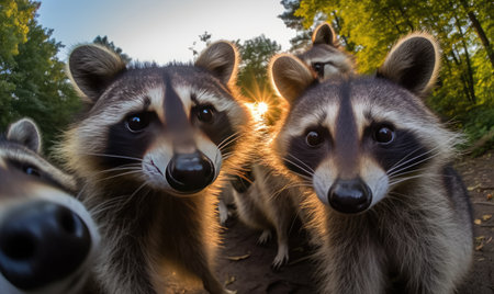 Clever raccoon captures a captivating selfie with its mischievous eyes. Creating using generative AI toolsの素材