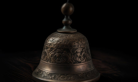 The vintage hand bell stands out against the dark background, exuding nostalgia. Creating using generative AI toolsの素材