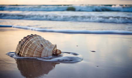 The large shell rests peacefully on the beach, washed by gentle waves. Creating using generative AI toolsの素材