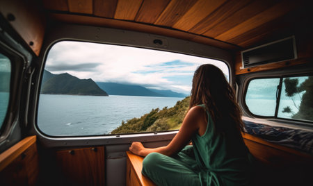 The young woman was sitting in a camper van, looking out at the mountains. Creating using generative AI toolsの素材