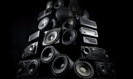 A stack of music audio speakers stood in the corner, ready to play. Creating using generative AI toolsの素材
