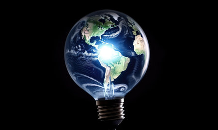 Globe in light bulb concept: Earth inside a glowing globe Creating using generative AI toolsの素材