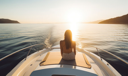 Relaxing on a yacht with the sun on her face. Creating using generative AI toolsの素材