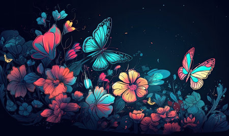 The vibrant colors of the flowers and butterflies against the blue background Creating using generative AI toolsの素材