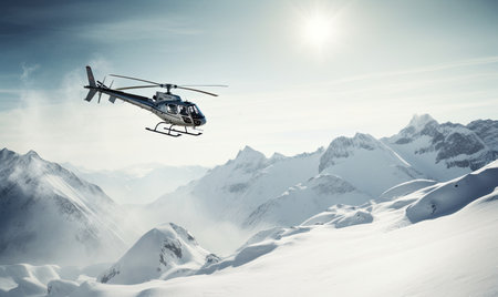 Helicopter departure of freeriders from snowy mountain summit. Creating using generative AI toolsの素材