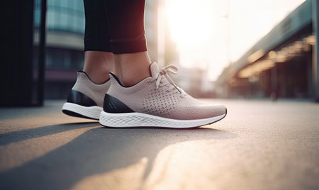 Close-up of runner's feet in trendy sneakers Creating using generative AI toolsの素材