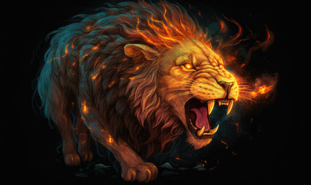 The king of the jungle with flaming mane and glowing eyes Creating using generative AI toolsの素材