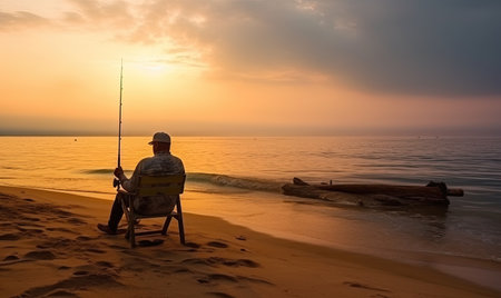 The fisherman waits patiently for a bite at sea Creating using generative AI toolsの素材