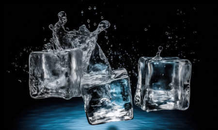 Ice cubes dropping into a pool of crystal-clear water with a splash. Creating using generative AI toolsの素材