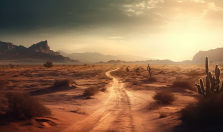 Majestic sunset illuminates the desert landscape with an endless road ahead. Creating using generative AI toolsの素材