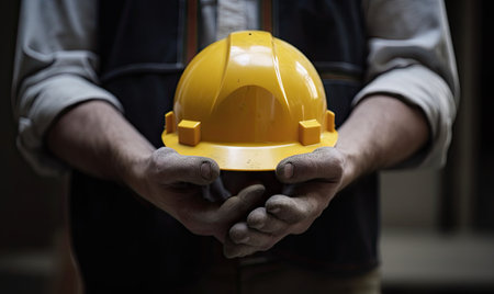 Construction worker's hand gripping a hard hat. Creating using generative AI toolsの素材
