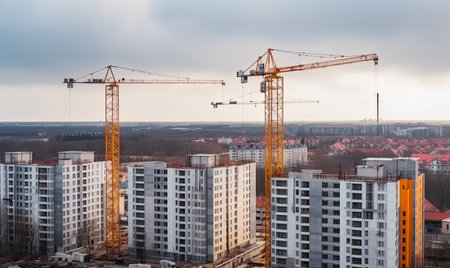 View of a construction site with tall cranes and unfinished buildings. Creating using generative AI toolsの素材