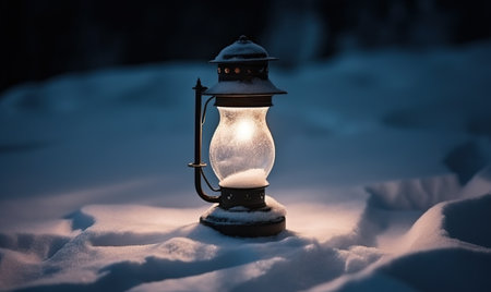 black illuminated lantern in the snow, in the style of golden light Creating using generative AI toolsの素材