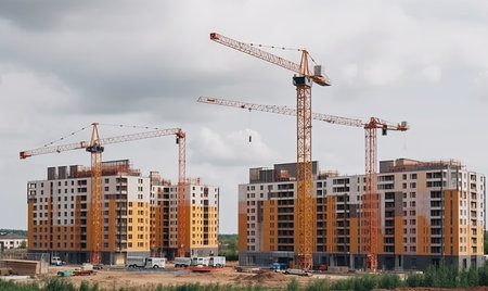 New multi-storey houses under construction with cranes and scaffolding. Creating using generative AI toolsの素材