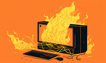 The fiery destruction of a computer in a stunning illustration Creating using generative AI toolsの素材