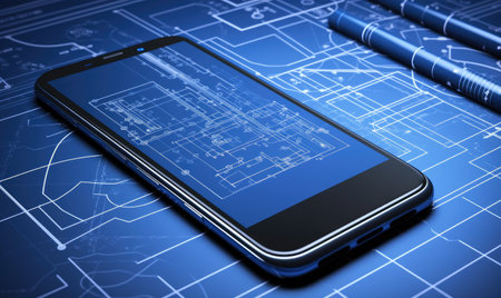 Infographic blueprint showcases the precise technical details of a phone. Creating using generative AI toolsの素材
