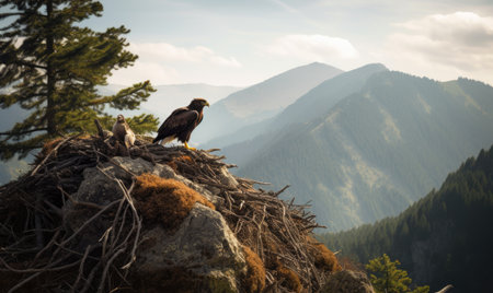 The majestic eagle nested in the craggy mountain cliffs Creating using generative AI toolsの素材