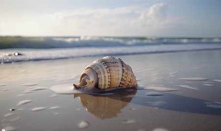 The beach is adorned with a majestic shell, nestled amidst the soothing waves. Creating using generative AI toolsの素材