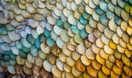 Seashell, fish scales, and moss combine in an abstract texture Creating using generative AI toolsの素材